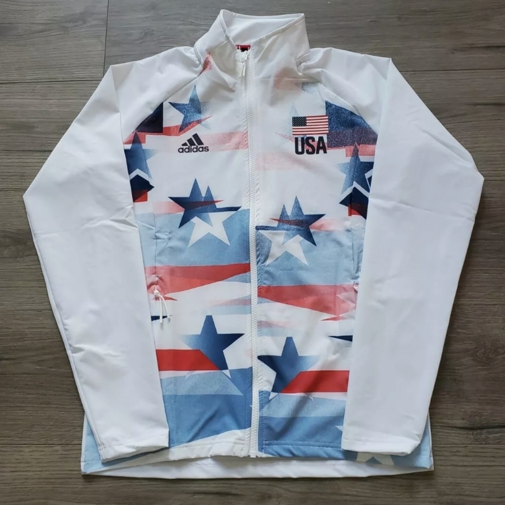 adidas USA Volleyball Warm up Jacket White Navy Red Womens L FU0102